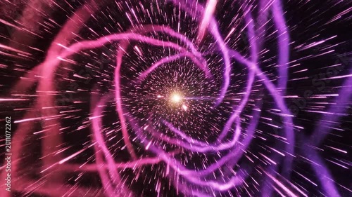Vibrant pink and purple light trails radiating from a glowing center in space