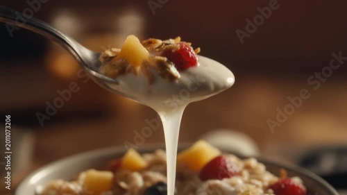 Breakfast Spoonful Spoon Dips into Cereal with Fruit and Yogurt in a Bowl for Healthy Eating and Food Advertising