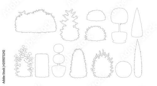 Photos Minimalist garden bush line art icons, set of 12 landscape shrub vector outlines