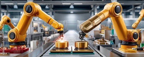 Robotic arms automating an industrial assembly line in a high-tech manufacturing factory environment