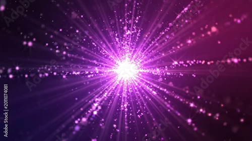 Vibrant purple light beam with radiant burst and sparkling particles in dark background
