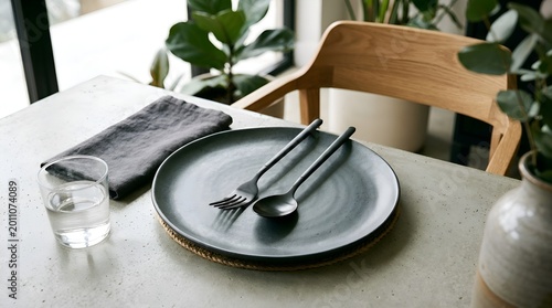 Minimalist dining table setting with dark plate, cutlery, napkin, and water glass