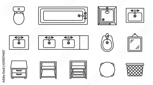 Canvastavla Collection of bathroom fixtures and furniture top view line drawings