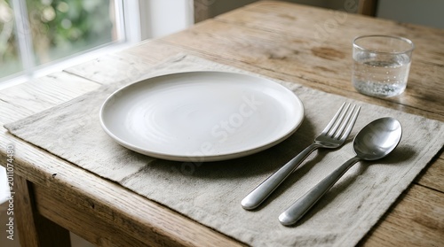 Minimalist Table Setting: Plate, Fork, Spoon, and Water Glass on Wooden Table