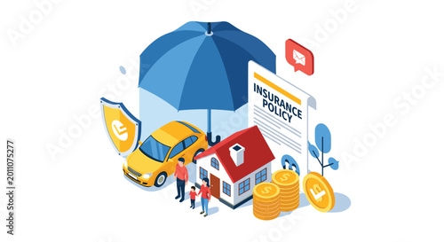 Family insurance policy coverage concept with isometric symbols for car, home, health, and financial savings under an umbrella.