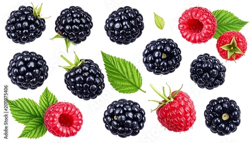 Fresh blackberries and raspberries with green leaves isolated on white background