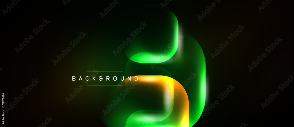 Fototapeta premium Abstract neon shapes, vibrant green, orange hues. Dark background creates glowing effect. Modern design element for digital projects.