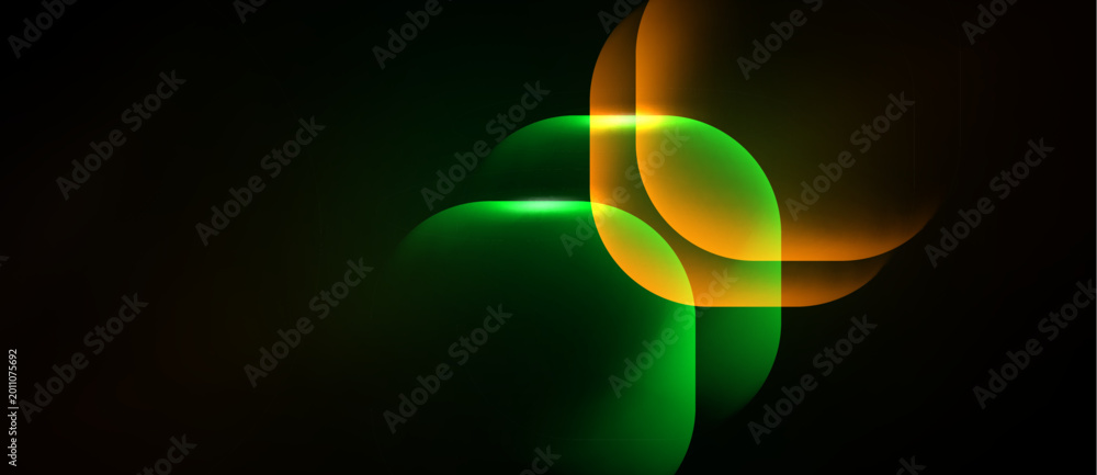 Fototapeta premium Abstract shapes overlap, creating vibrant glow. Green, yellow, orange hues dominate dark background. Smooth gradients suggest energy, motion.
