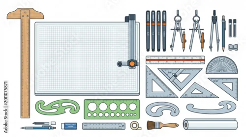 Obraz Architectural Drafting Tools and Equipment Laid Out Flat.