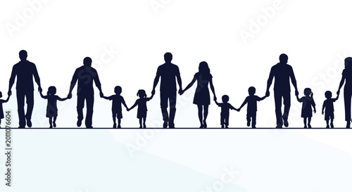 Silhouettes of diverse families holding hands in a long line against a white background representing community and unity.