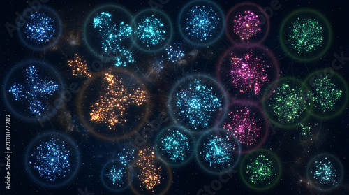Interconnected data clusters represented by glowing colorful light nodes