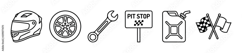 Obraz premium Six black outline racing and automotive icons are neatly arranged, featuring a helmet, wheel, wrench, pit stop sign, fuel can, and checkered flags, presented in a clean, minimalist vector style