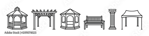 Set of garden structure line icons featuring a gazebo, pergola, park bench, architectural column, and canopy tent in a clean, minimalist black and white vector style