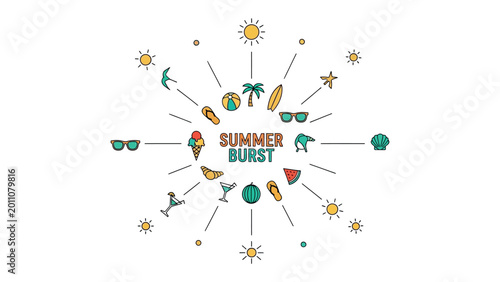 Billede på lærred Summer Burst of Joy: A vibrant illustration showcasing the essence of summer with a collection of playful icons, capturing the spirit of sun-kissed days and endless fun