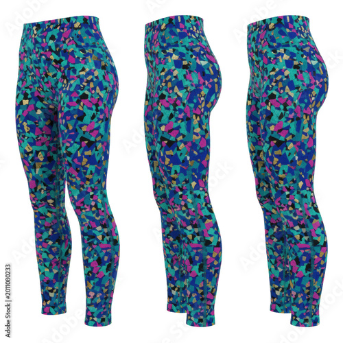 high-waisted athletic fitness leggings mockup featuring a vibrant terrazzo pattern in teal, magenta, and gold, displayed in three views on a transparent background, commercial product