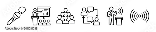 Set of six public speaking icons in a clean line art style, featuring a microphone, presenter with chart, audience, dialogue bubbles, speaker at podium, and sound waves