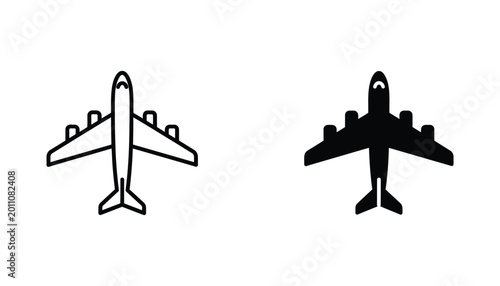 Commercial airplane flight travel icon set in minimalist outline and solid black silhouette styles for aviation and tourism