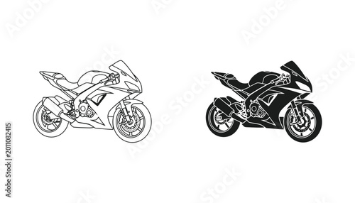 Sport motorbike racing bike icon set featuring modern superbike in outline and solid black silhouette styles for automotive design