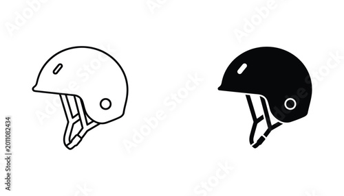 Safety helmet protective gear icon set for construction and sports in minimalist outline and solid black silhouette styles