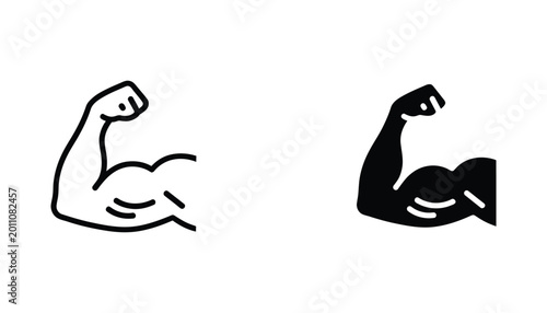 Bicep muscle icon set displaying strength and fitness concept in minimalist black line and solid silhouette styles for gym branding