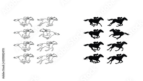 Horse racing jockey vector icon set showing galloping horses in both minimalist outline and solid black silhouette styles