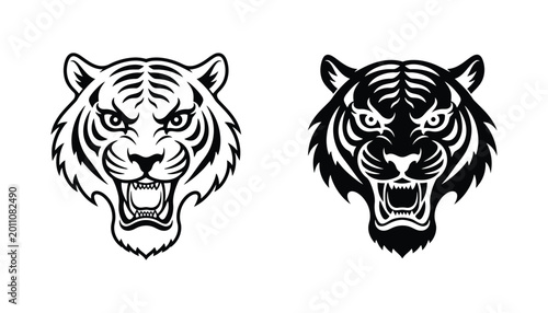 Tiger head roaring mascot vector icon set featuring fierce wild cat in outline and solid black silhouette styles