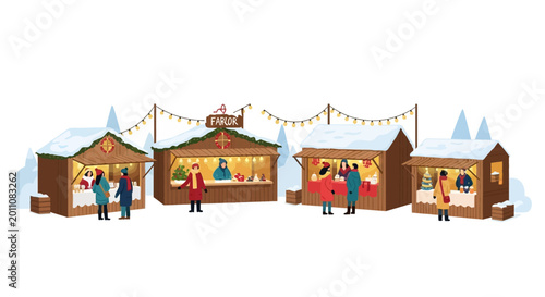 People enjoying a festive outdoor Christmas market with snow-covered stalls.