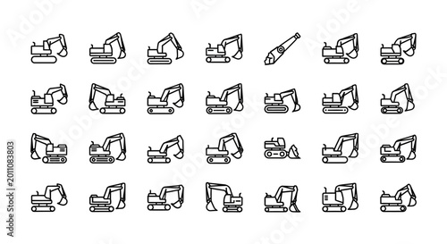 Slika na platnu Excavator Icons Set: Construction Machinery and Heavy Equipment Line Art Collect