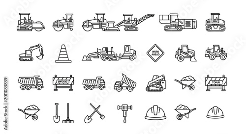 Fotografie Construction Equipment Icons Set: Heavy Machines, Vehicles, Tools, Safety Gear