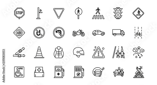 Set of Traffic and Road Safety Icons: Signs, Vehicles, and Symbols