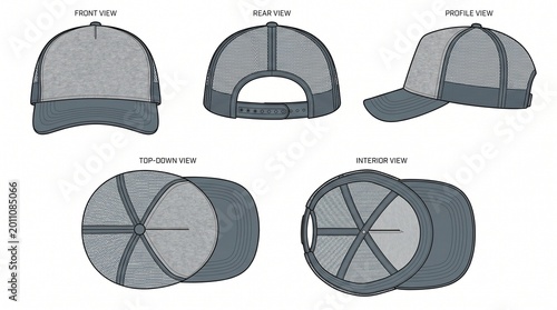 Baseball cap mockup template with various views including front, rear, profile, top-down, and interior perspectives for design presentation.
