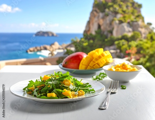 Fresh mango salad with tropical fruits on a table near the ocean