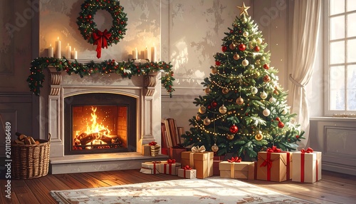 Festive christmas scene with fireplace presents and decorated tree indoors