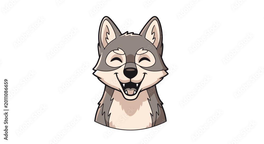 Fototapeta premium Cute cartoon illustration of a happy grey wolf's head with an open mouth, smiling widely.