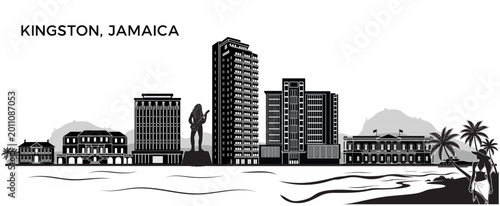 Striking black and white Kingston skyline illustration blending urban architecture, Caribbean coastline, and cultural energy—ideal for book covers, posters, branding, tourism campaigns, and editorial 