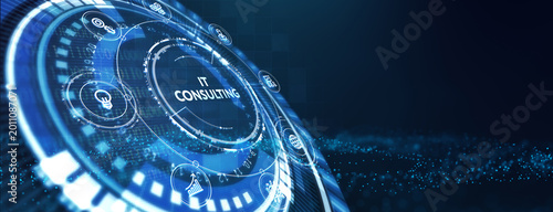 IT consultant presenting tag cloud about information technology. 3d illustration