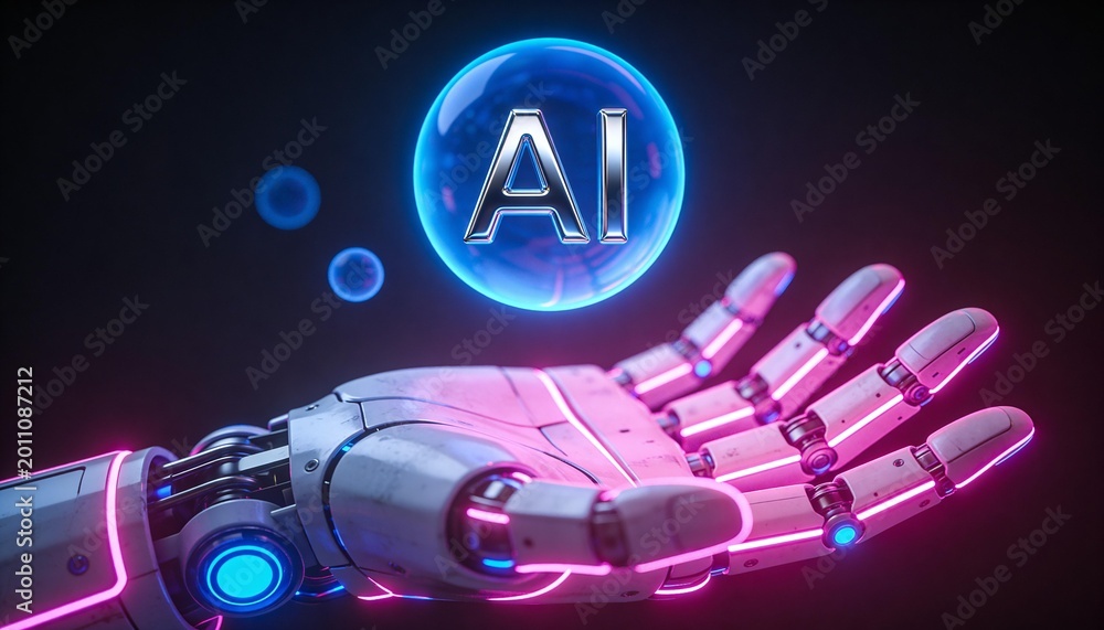Fototapeta premium Futuristic robotic hand holding ai sphere with neon glow in dark space