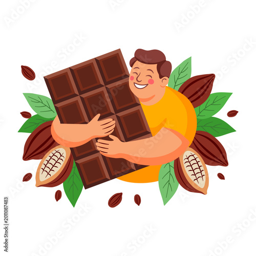 Joyful person embracing big dark chocolate, concept of chocolate lover and sweet addiction.