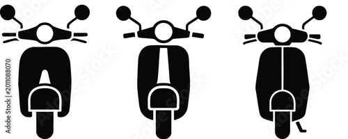 Tableau sur toile Minimalist Classic Scooter Front View Silhouette Set, Black and White Icons of Scooter Handlebars and Bodywork, Modern Urban Transportation and Moped Vector Graphics