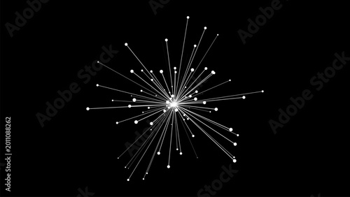 Minimalist white radial line art with dots on black, abstract geometric explosion design for modern poster.