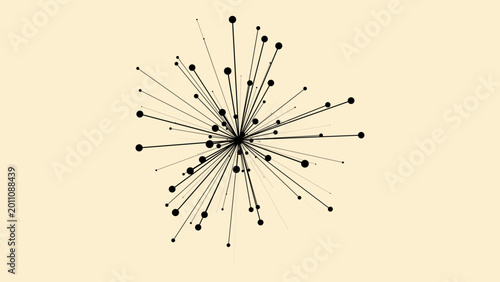Minimalist black radial line art with dots on beige, abstract geometric explosion design for modern poster.
