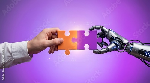 Human and Robot Hands Joining Puzzle Pieces for Artificial Intelligence Collaboration Concept