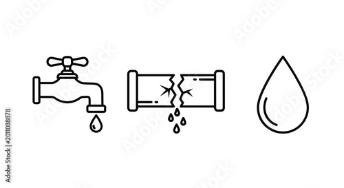 Water tap broken pipe and droplet icons line art