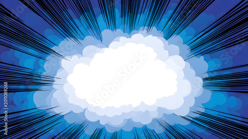 Blue cartoon background with comic explosion effect and white cloud in the center design