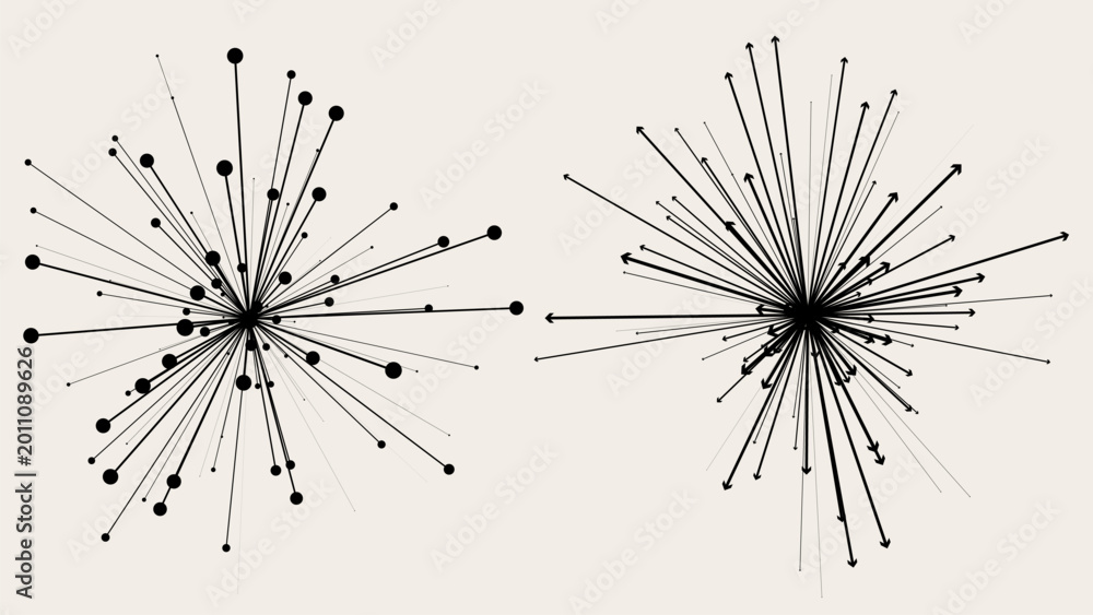 Fototapeta premium Minimalist black radial arrows and dotted lines on beige, abstract geometric starburst for modern design.