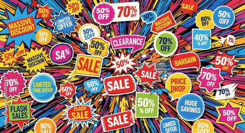 Foto Explosion of Sale Tags and Discount Stickers - Shopping Promotion Background