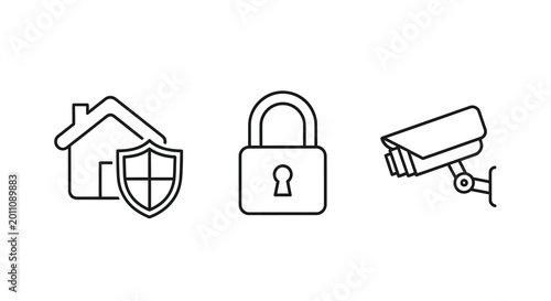 Home security icons set line art style