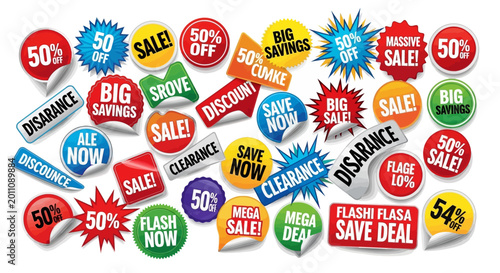 Colorful Sale Stickers and Labels, Big Savings, Discounts, Clearance, Flash Sale