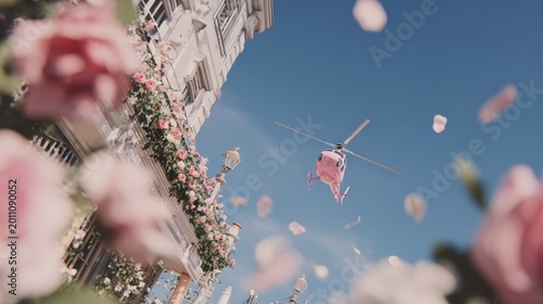 Pink helicopter soaring near floral arch against blue sky