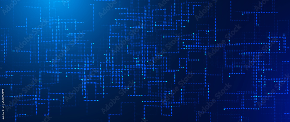 Obraz premium Digital Tech Background. Blue Glowing Pixel Circuit Dot Pattern. Data Lines for Tech Innovation, Science Research, AI Artificial Intelligence and Big Data Presentation. Vector Illustration
